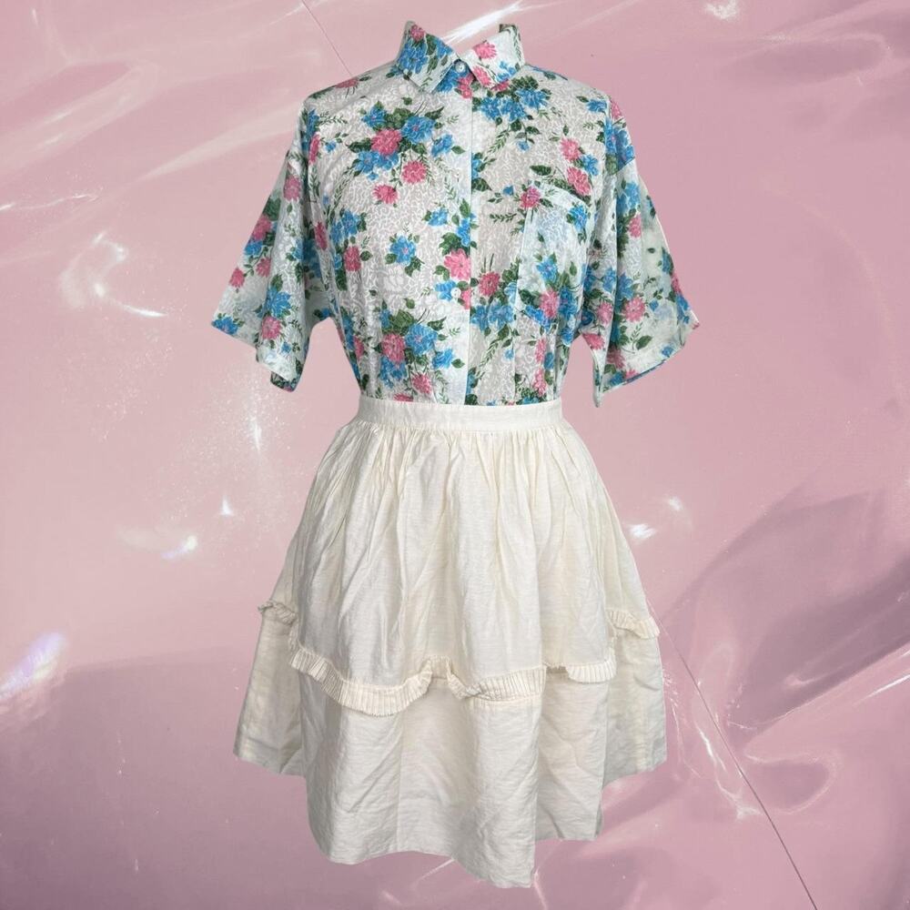 Vintage romantic blue pink floral sheer shirt top cottage core